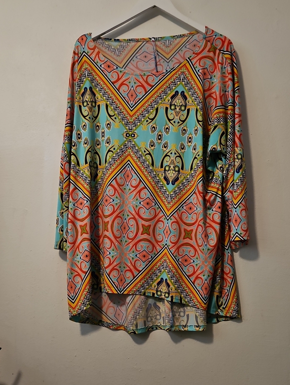Moa Moa Coral and Aqua Geo-Print Tunic Top
